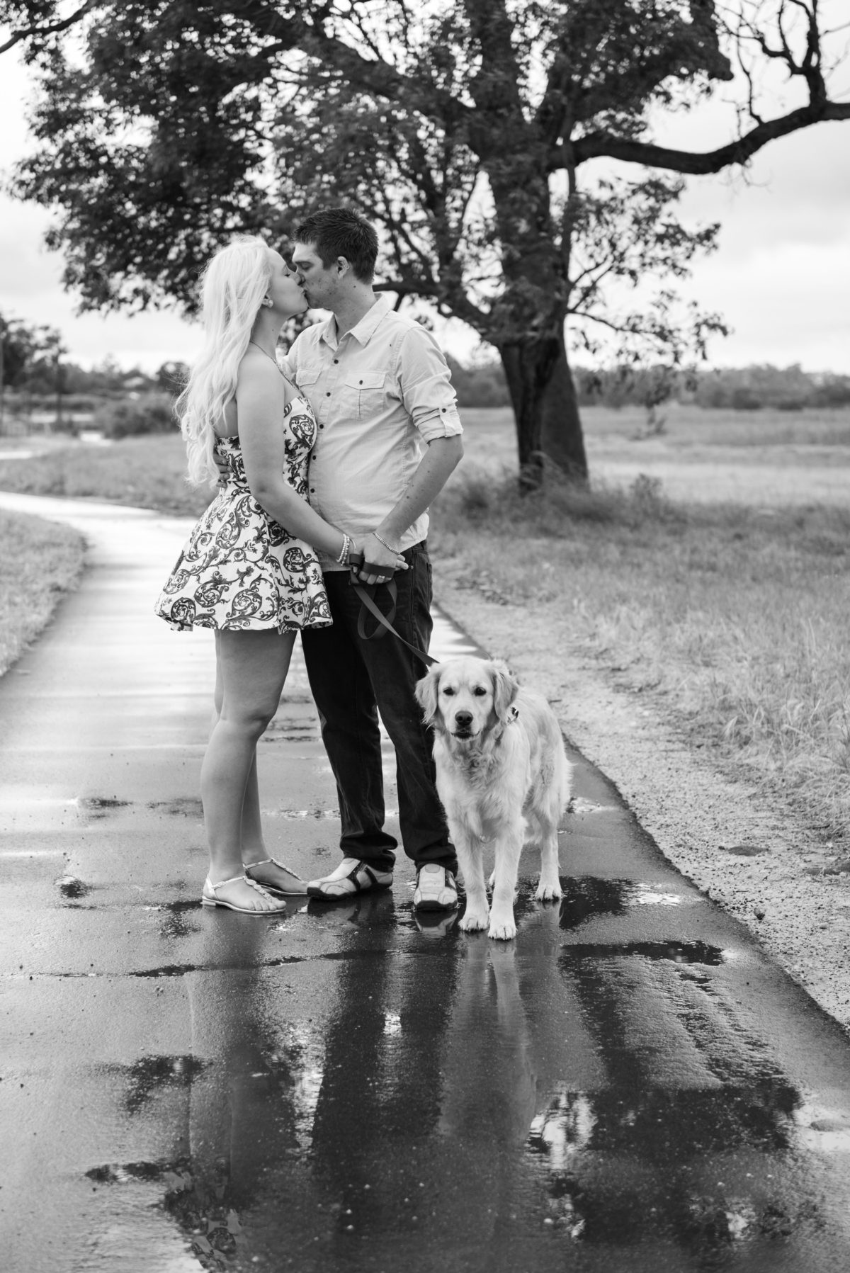 Walking the dog, rainy day photo shoot, Perry's paddock Yellagonga park engagement shoot