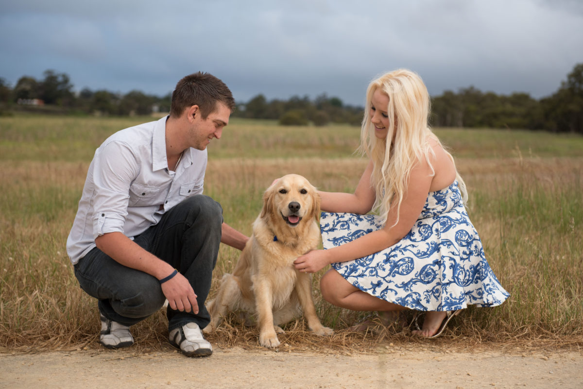 Engagement shoot photo of couple crouching down with their labrador dog