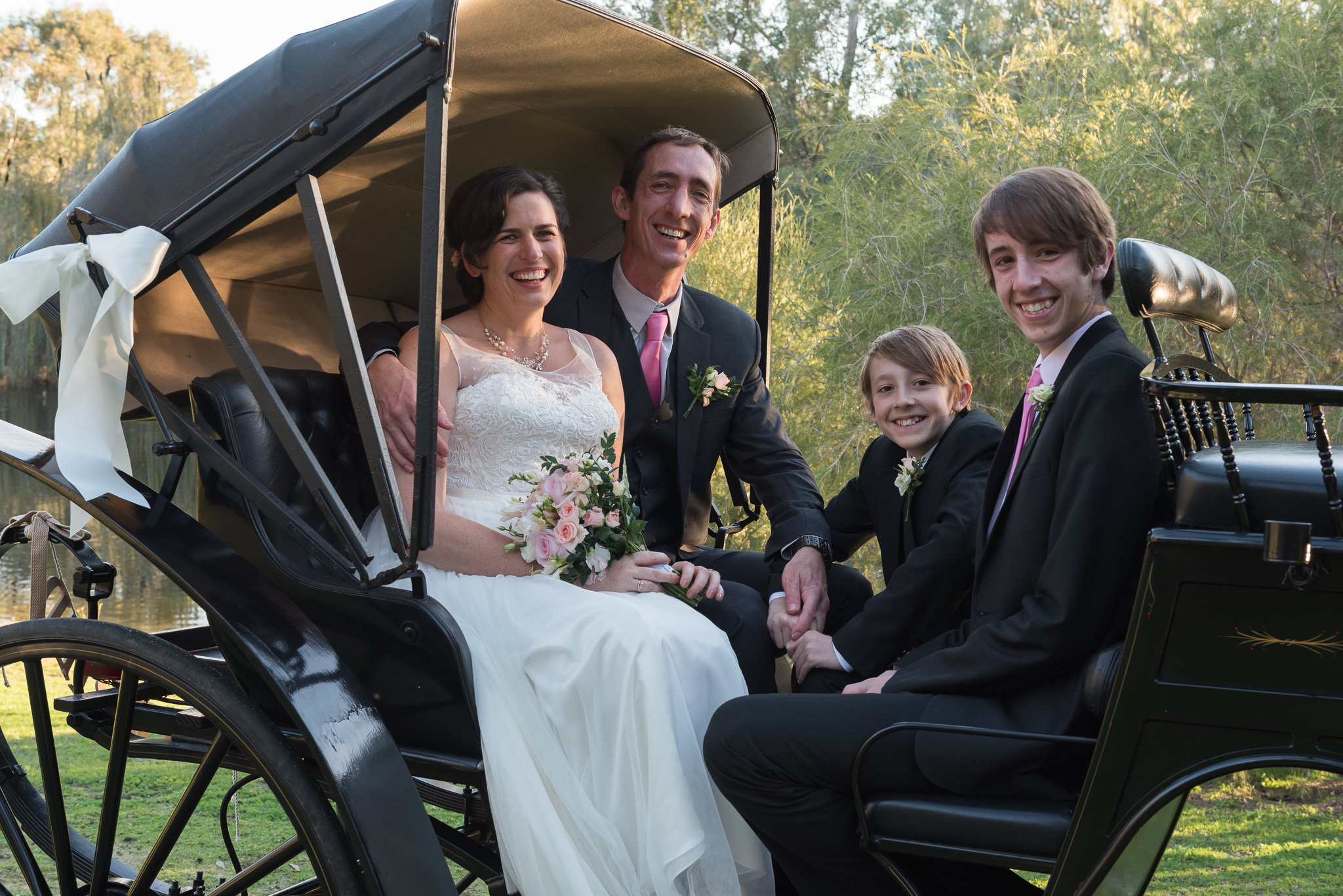 wedding couple with their sons in horse and carriage