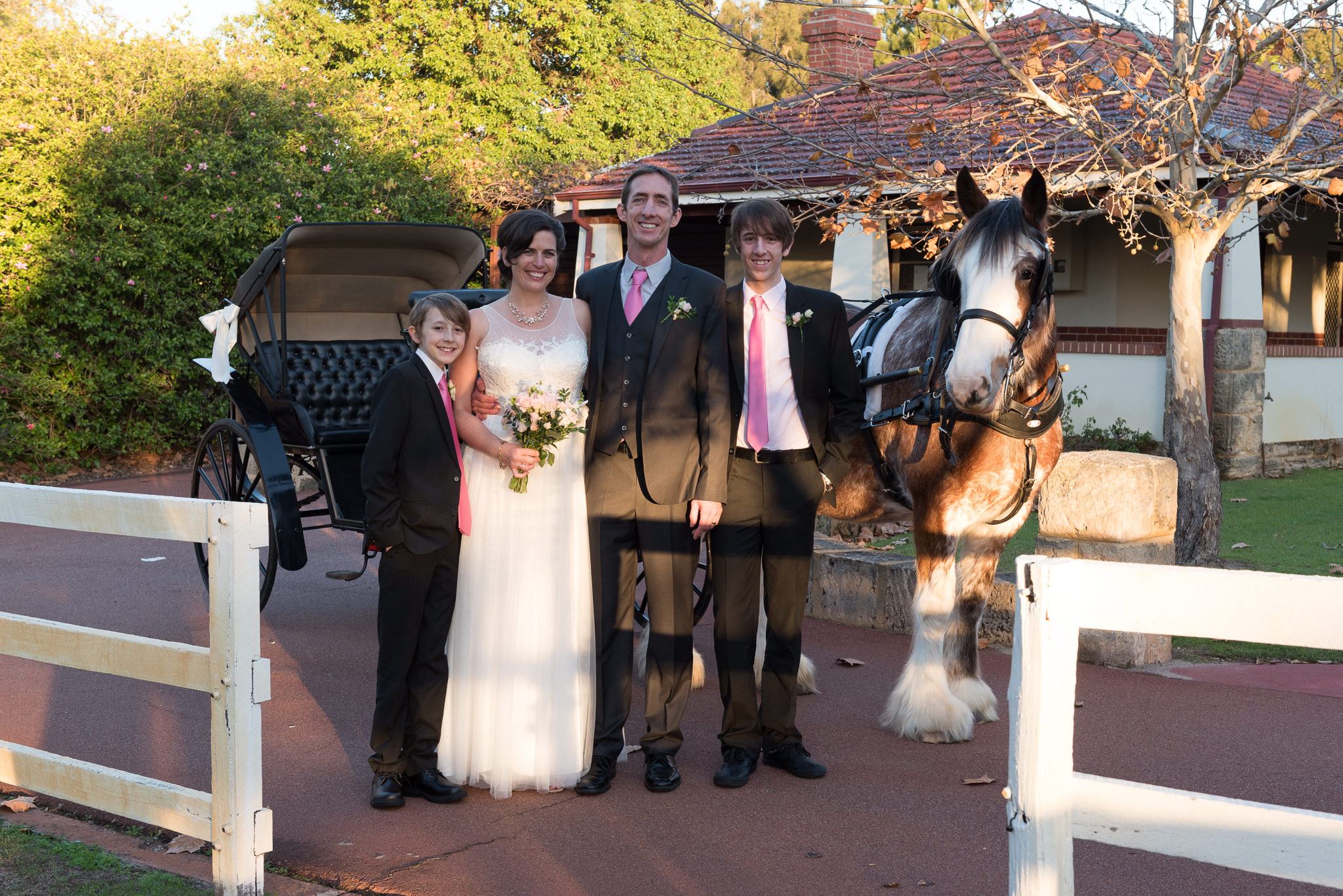 family portrait with their horse and carriage