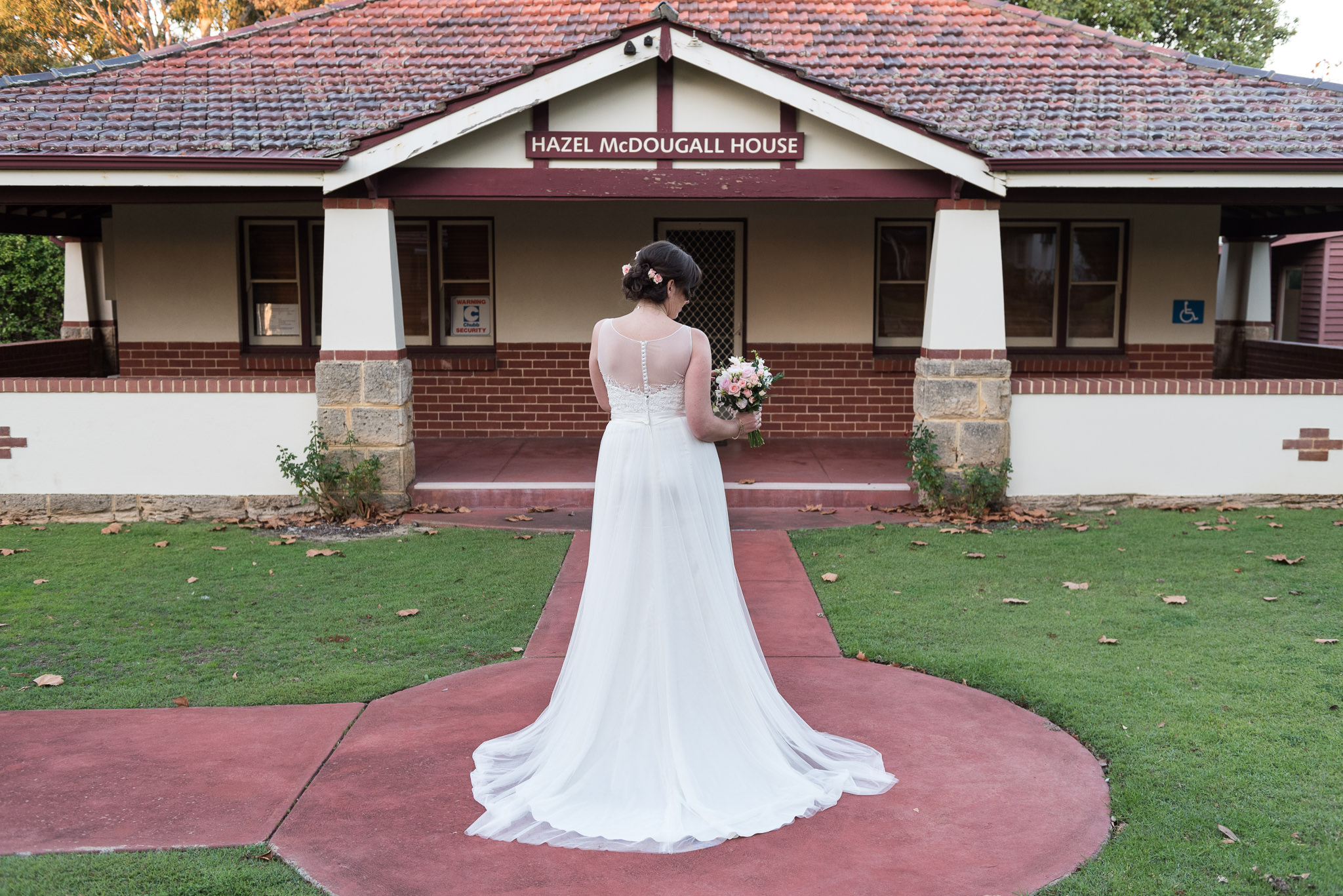 Back of bride's dress at Hazel McDougall House