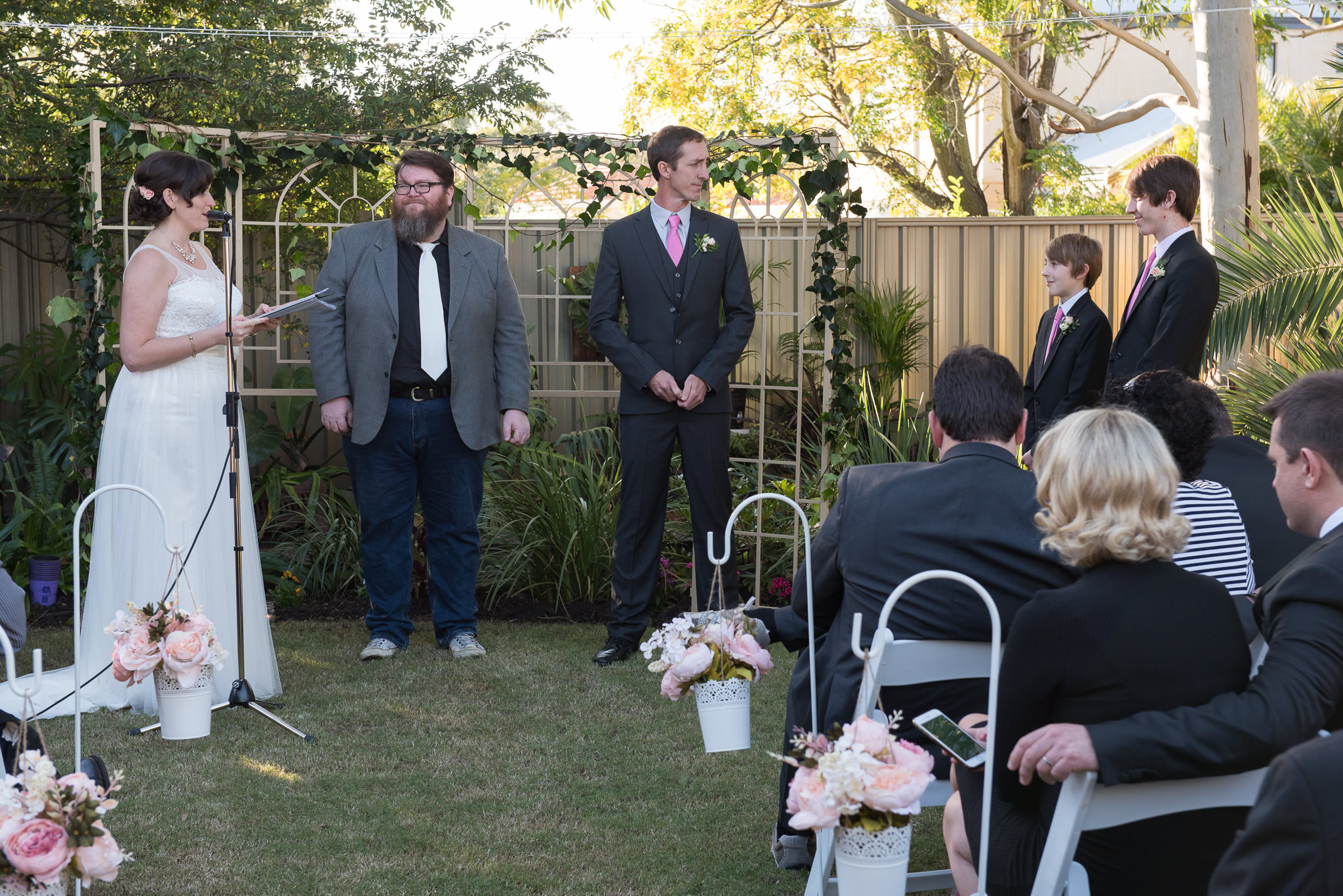 bridal party during backyard wedding