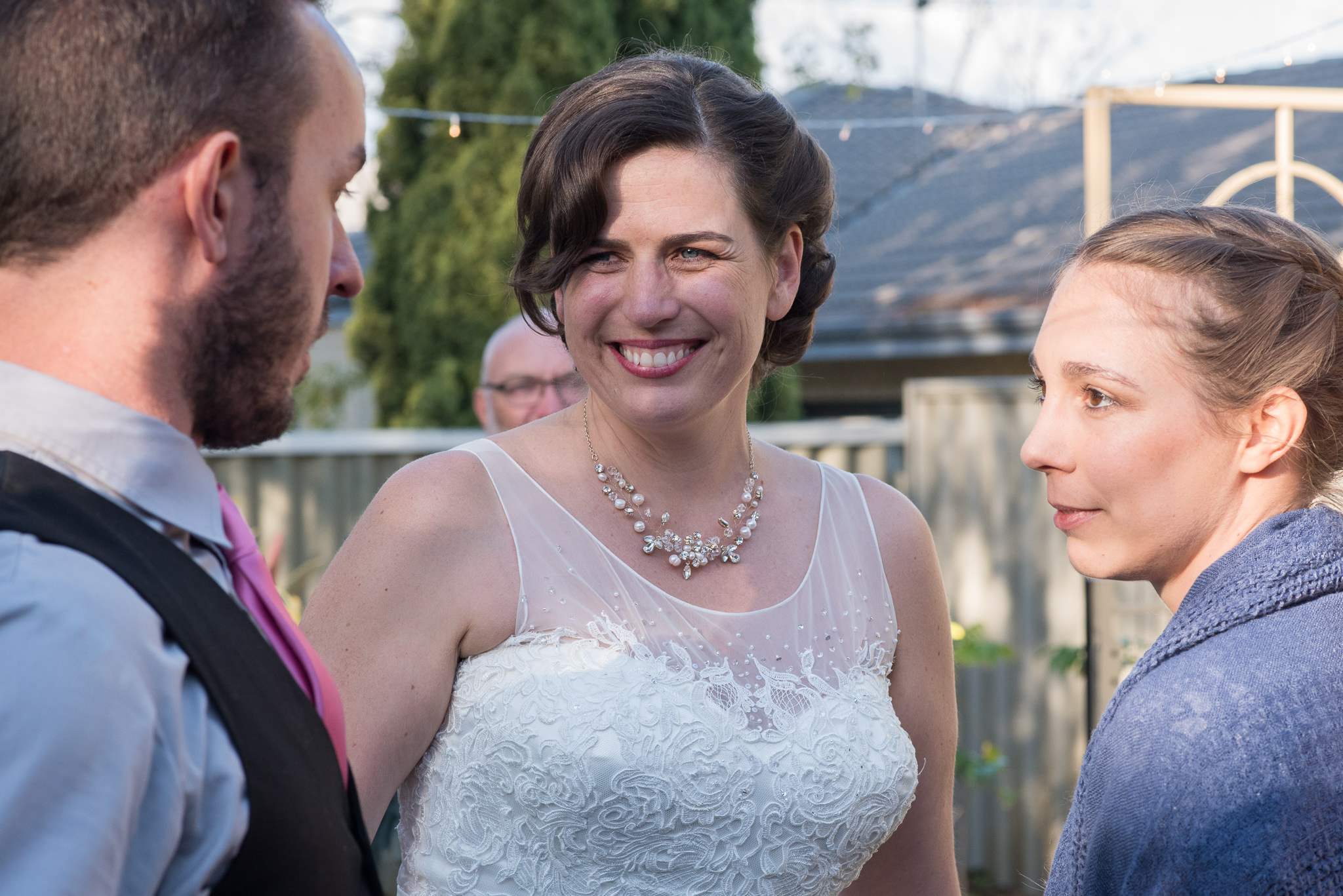 bride mingling and smiling with guests