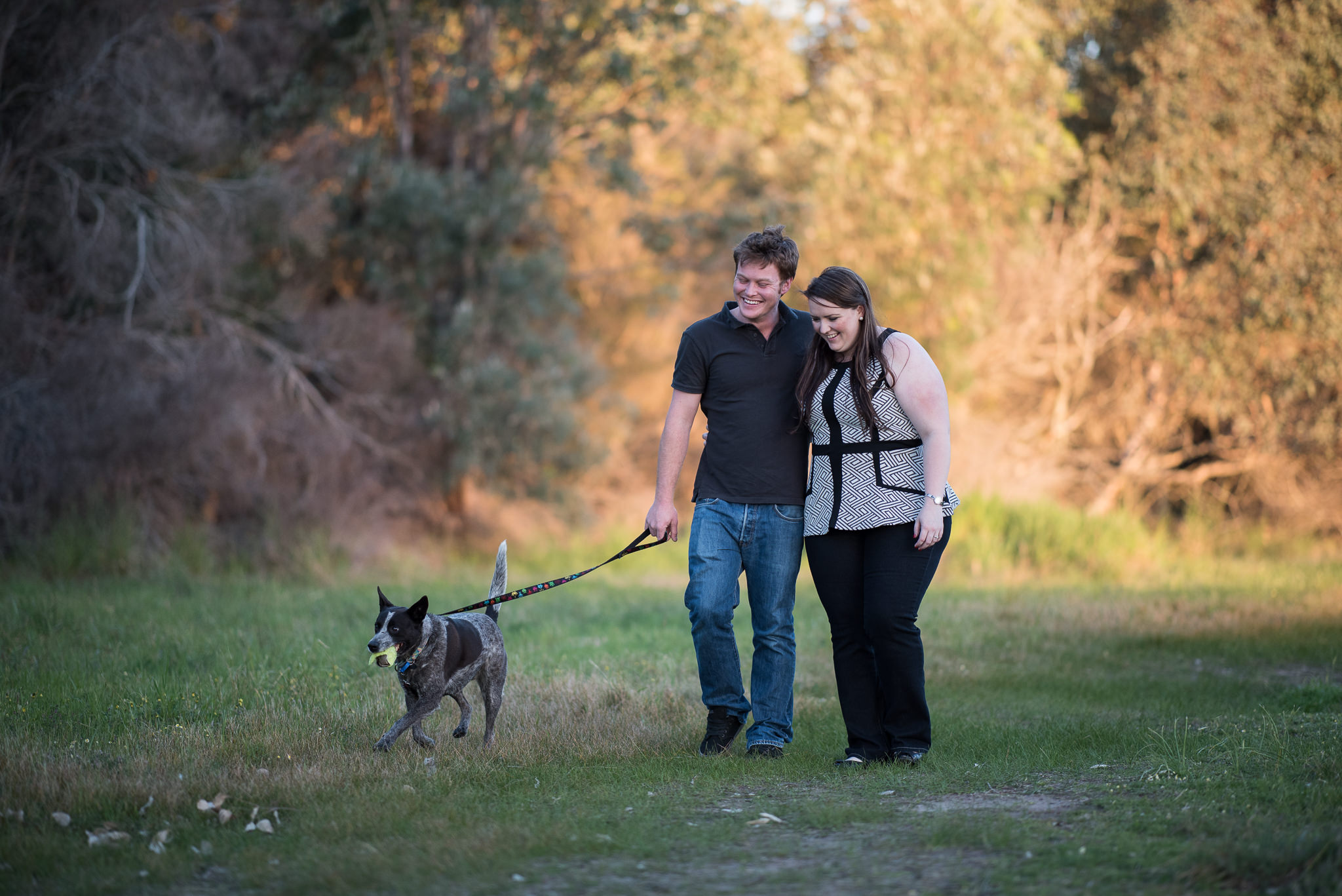 engaged couple walking their dog at yellagonga park perth