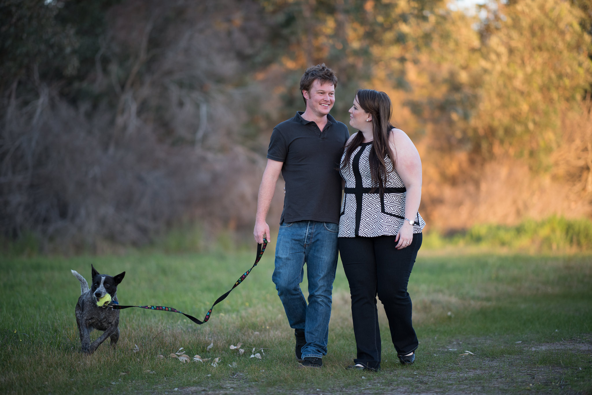 engaged couple walking their dog at Yellagonga park in Perth