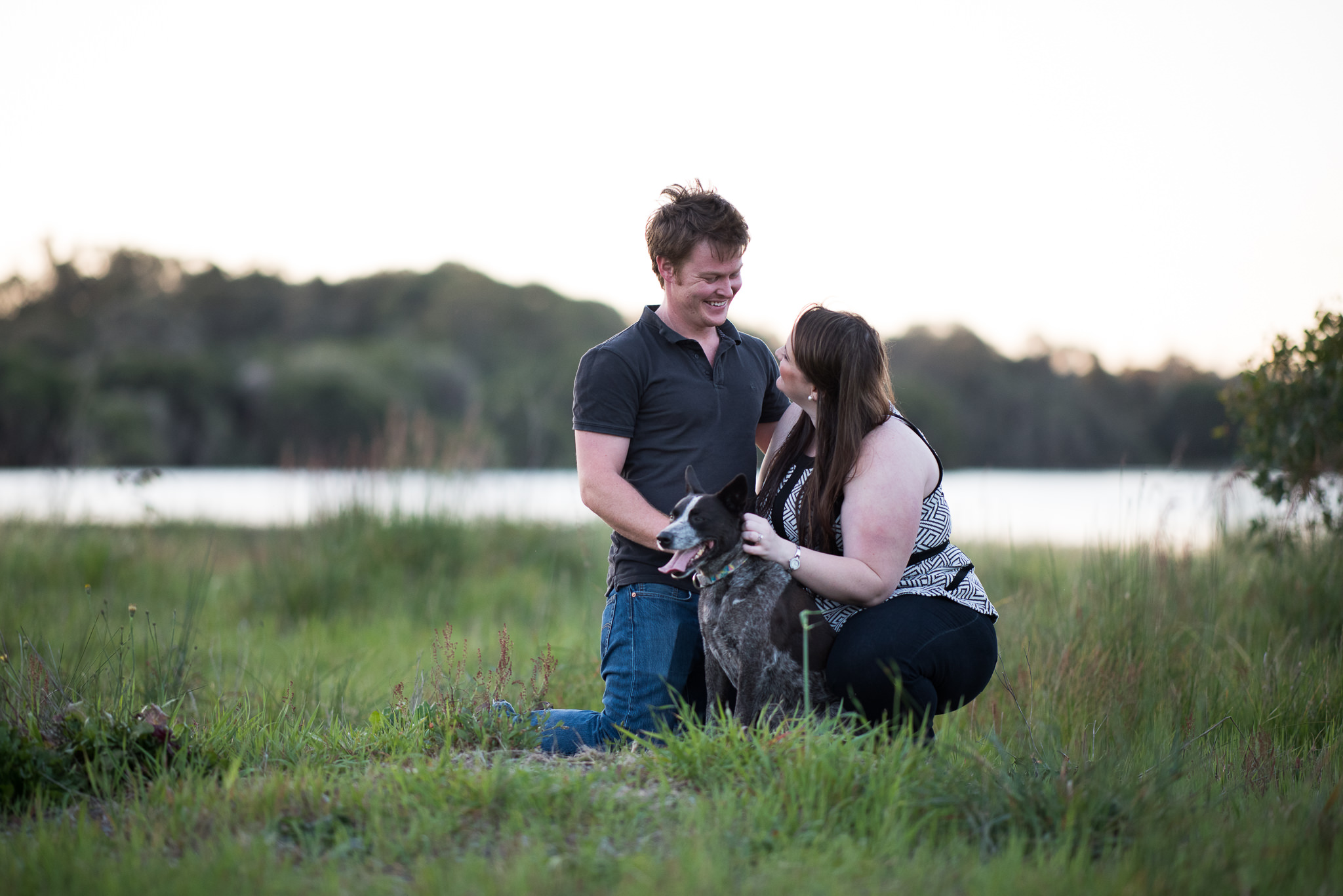 engaged couple with their dog at yellagonga park perth