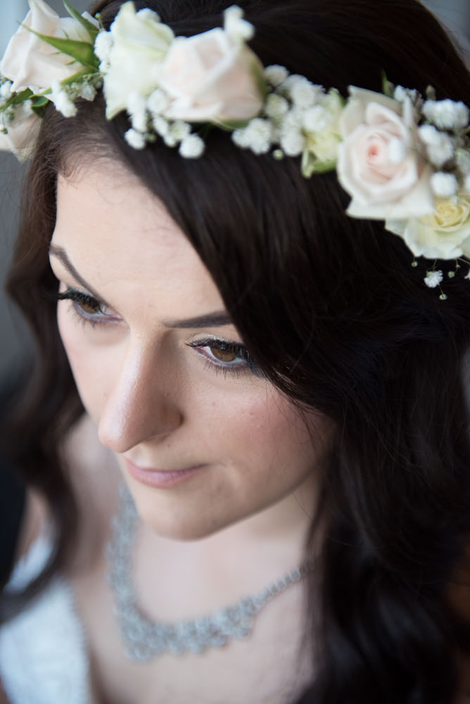 Close up of bride's eye makeup and flower crown