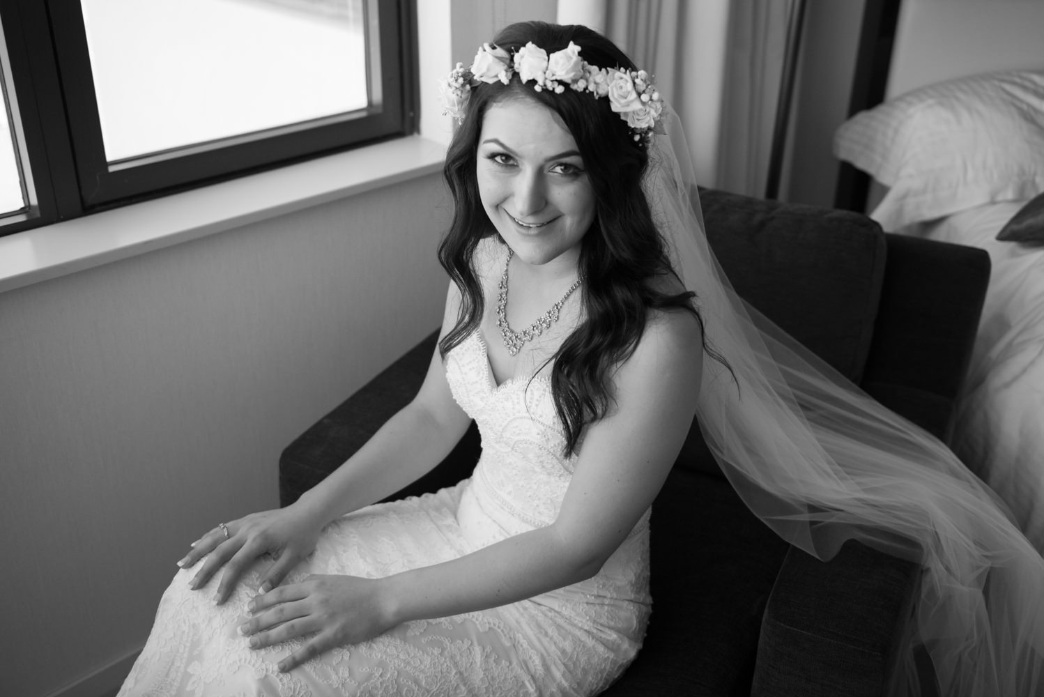 Black and white portrait of bride