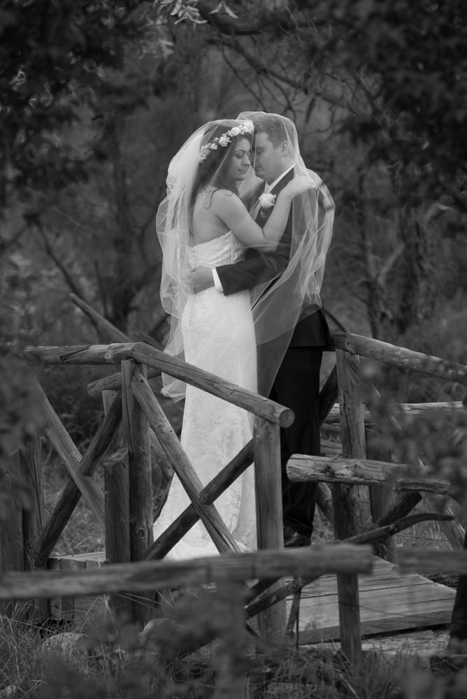 Romantic black and white photo of bride and groom standing under the veil