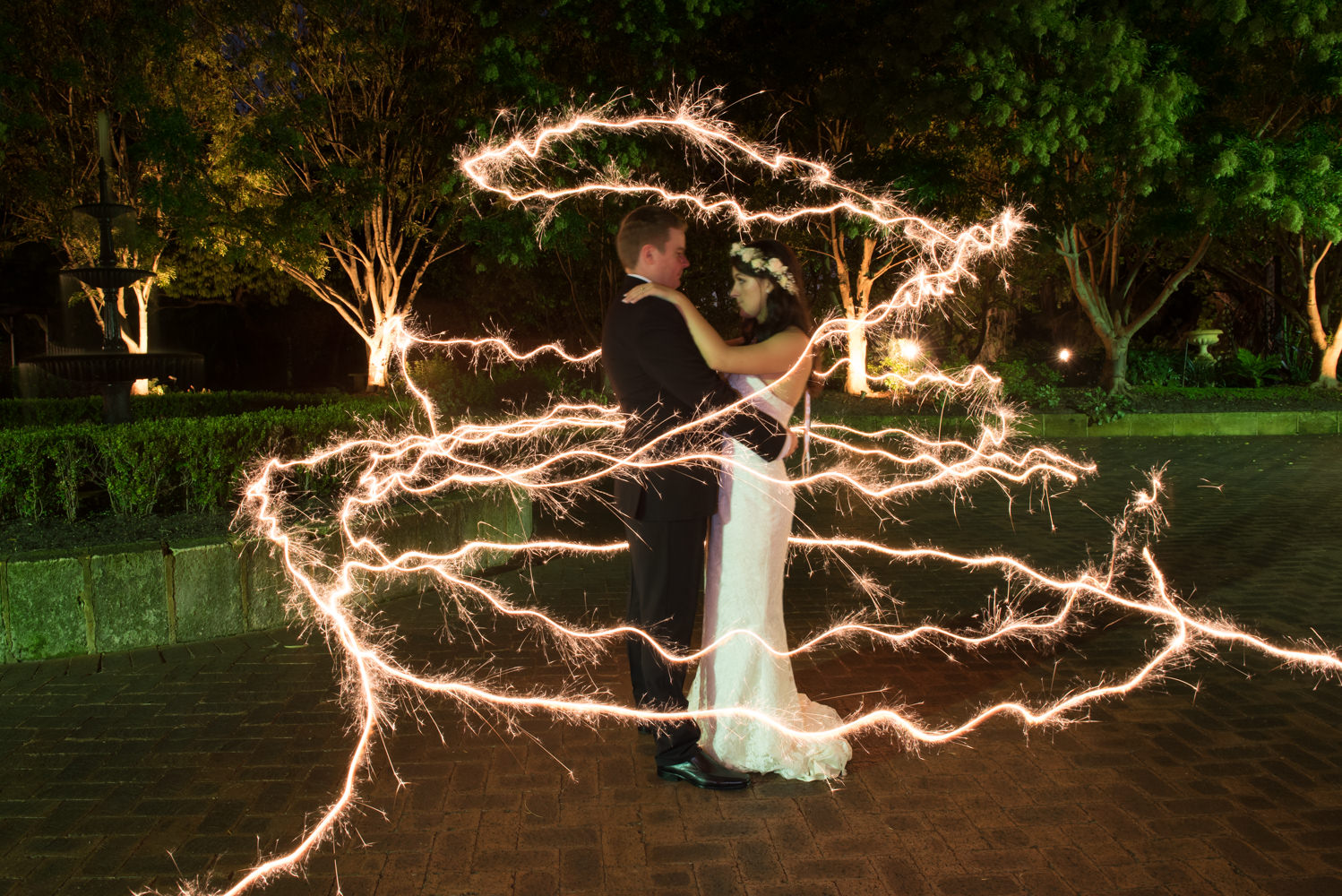 Wedding sparkler photo circling the bride and groom