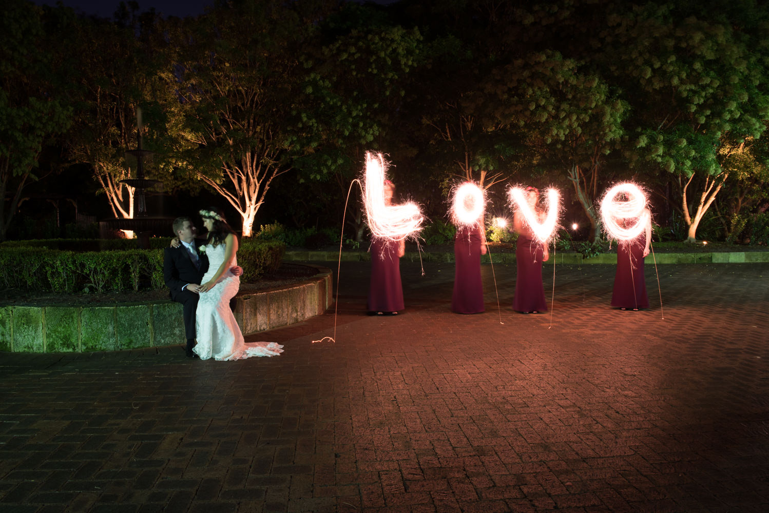 Wedding sparkler photo with bridesmaids spelling the word LOVE