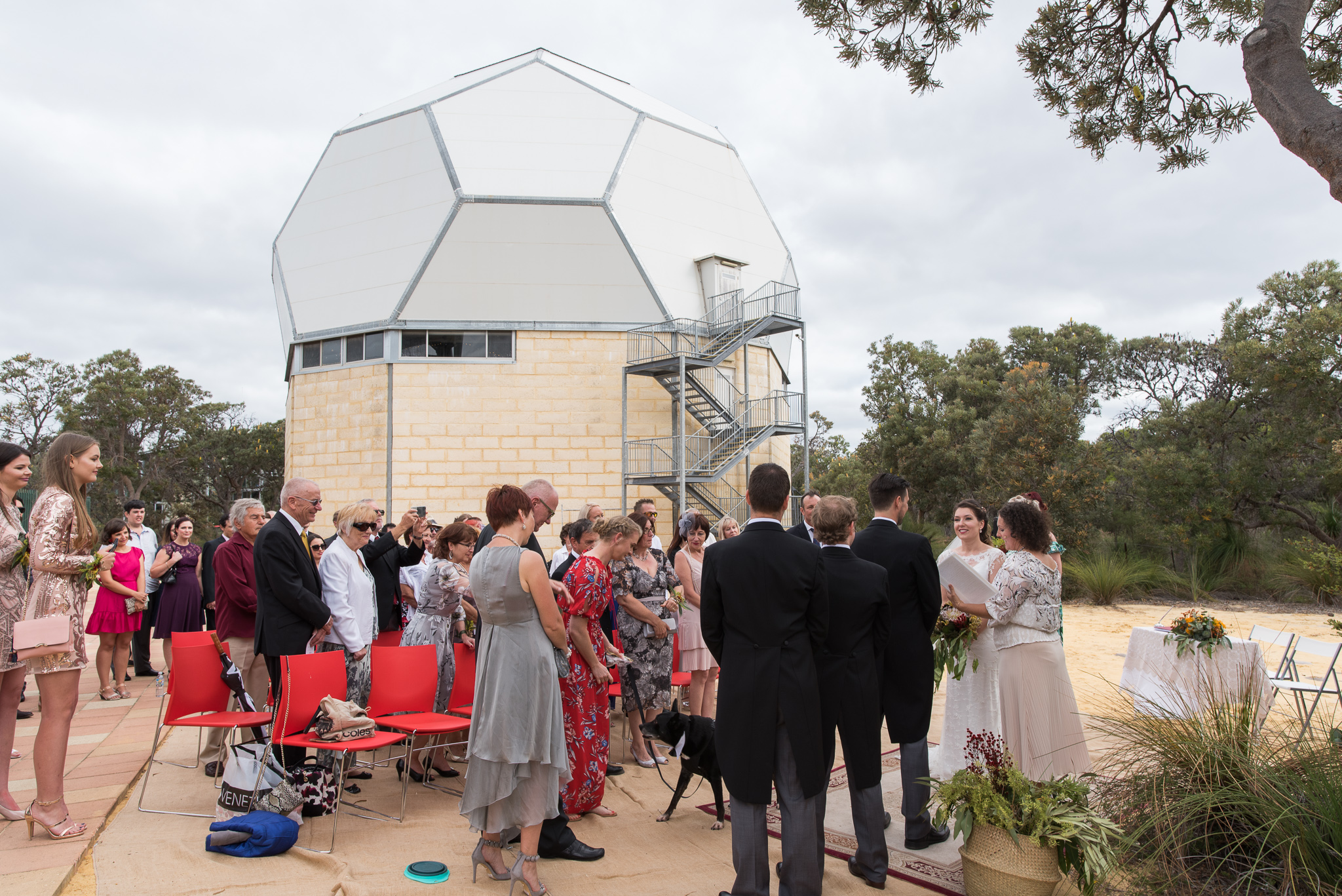 Guests stand at observatory wedding at GDC