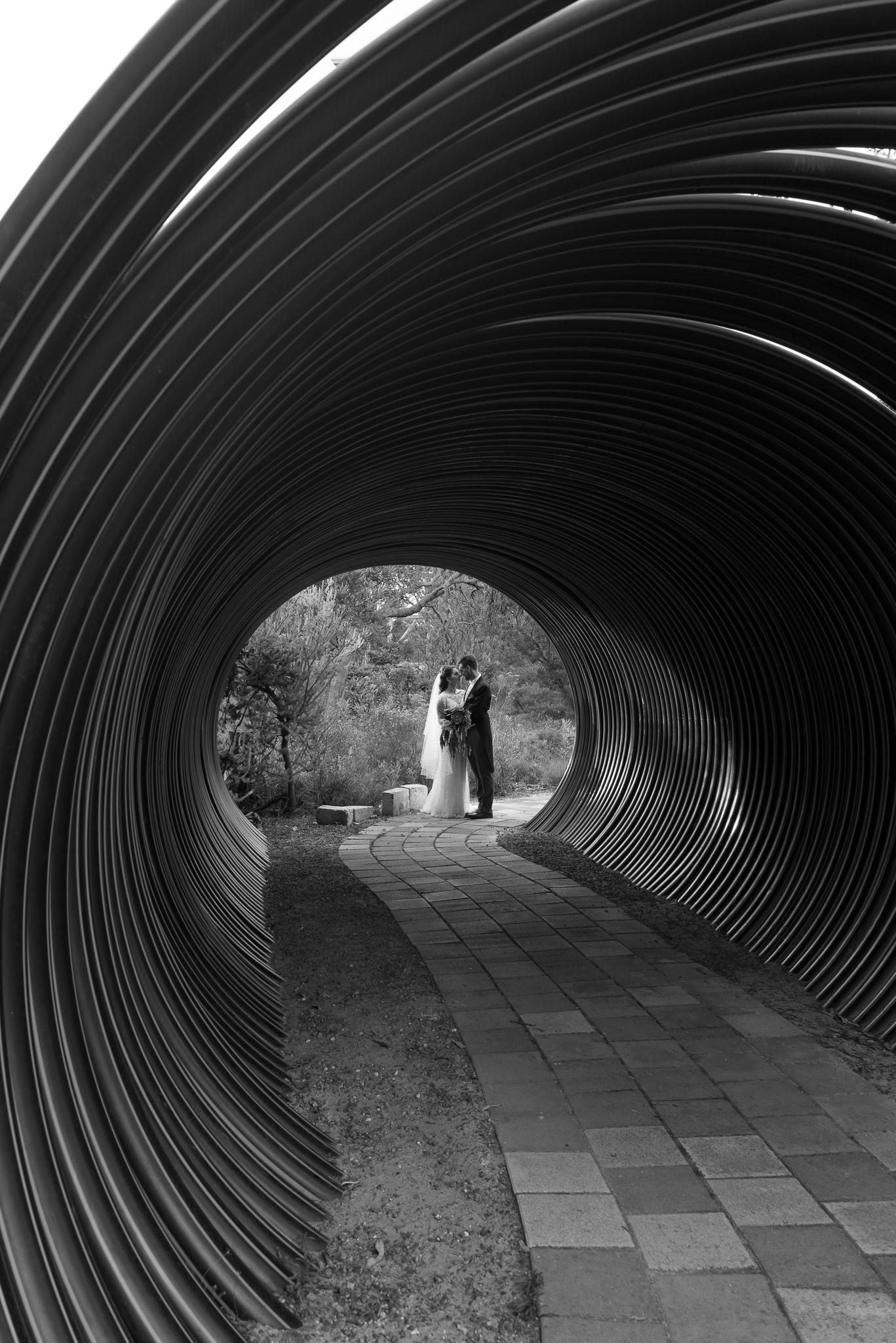 Bridal portrait using tunnel at the Gravity Discovery Centre