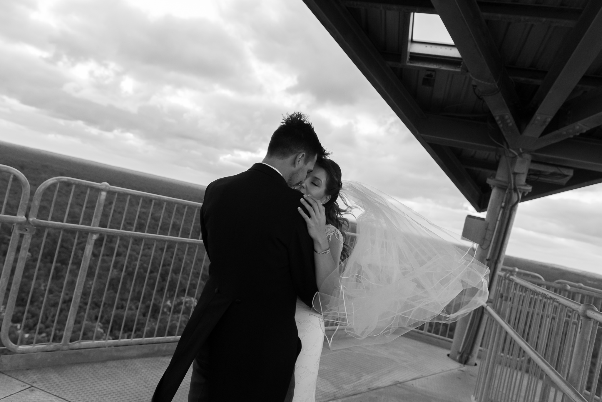 Wedding couple at the top of the leaning gravity tower at the Gravity Discovery Centre