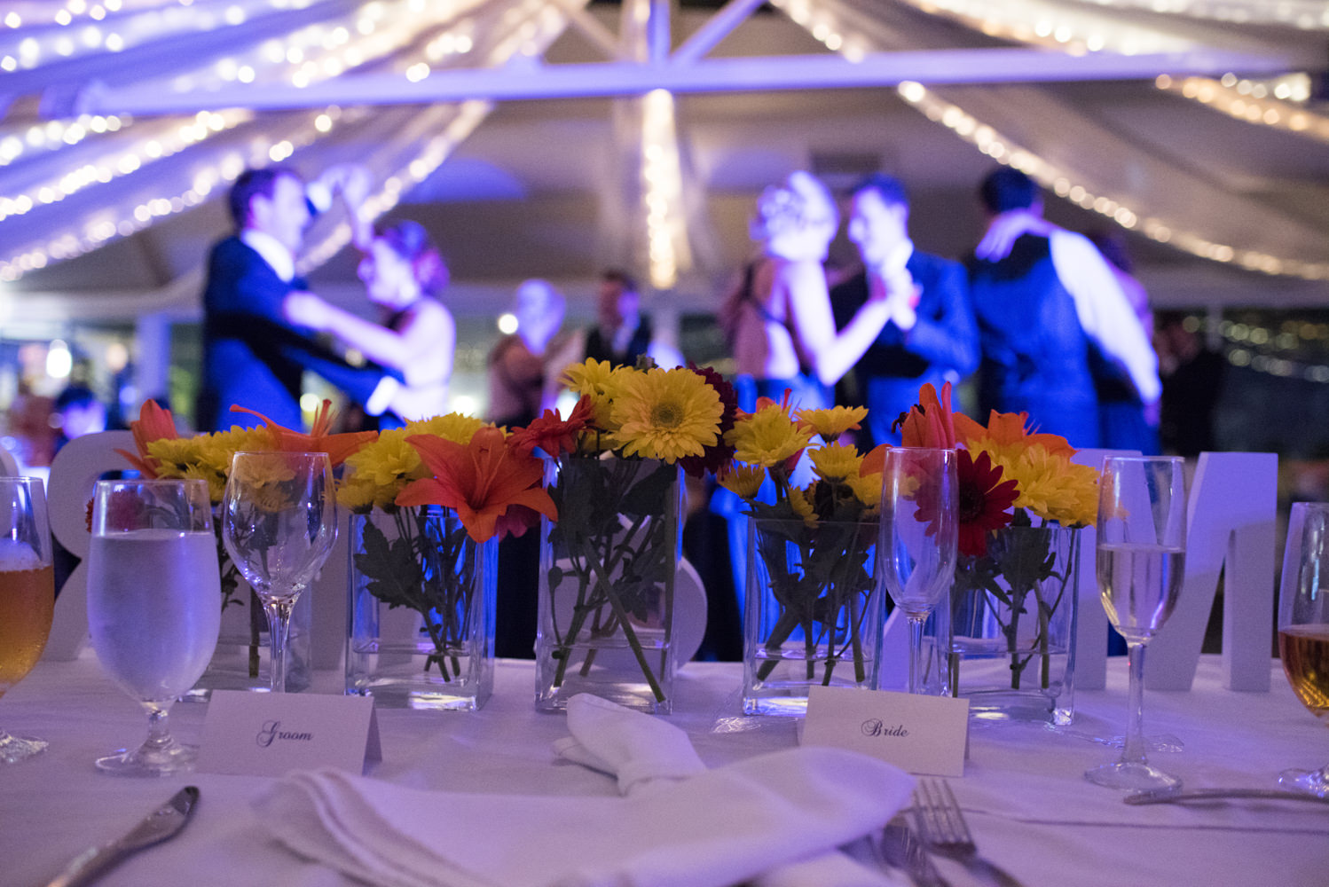 close up of bridal table decorations, gerberas