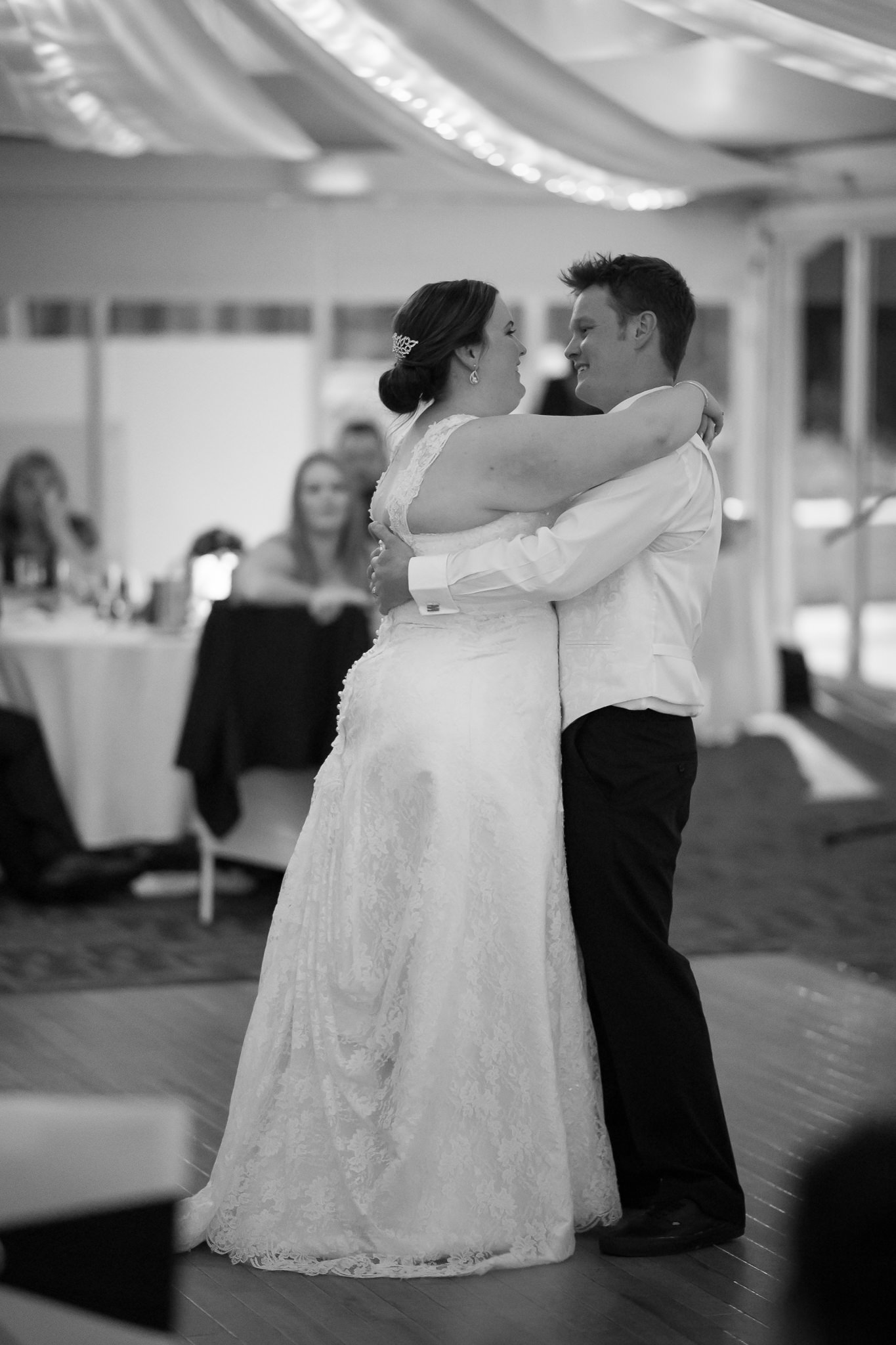 Bride and groom's first dance at Joondalup resort in black and white