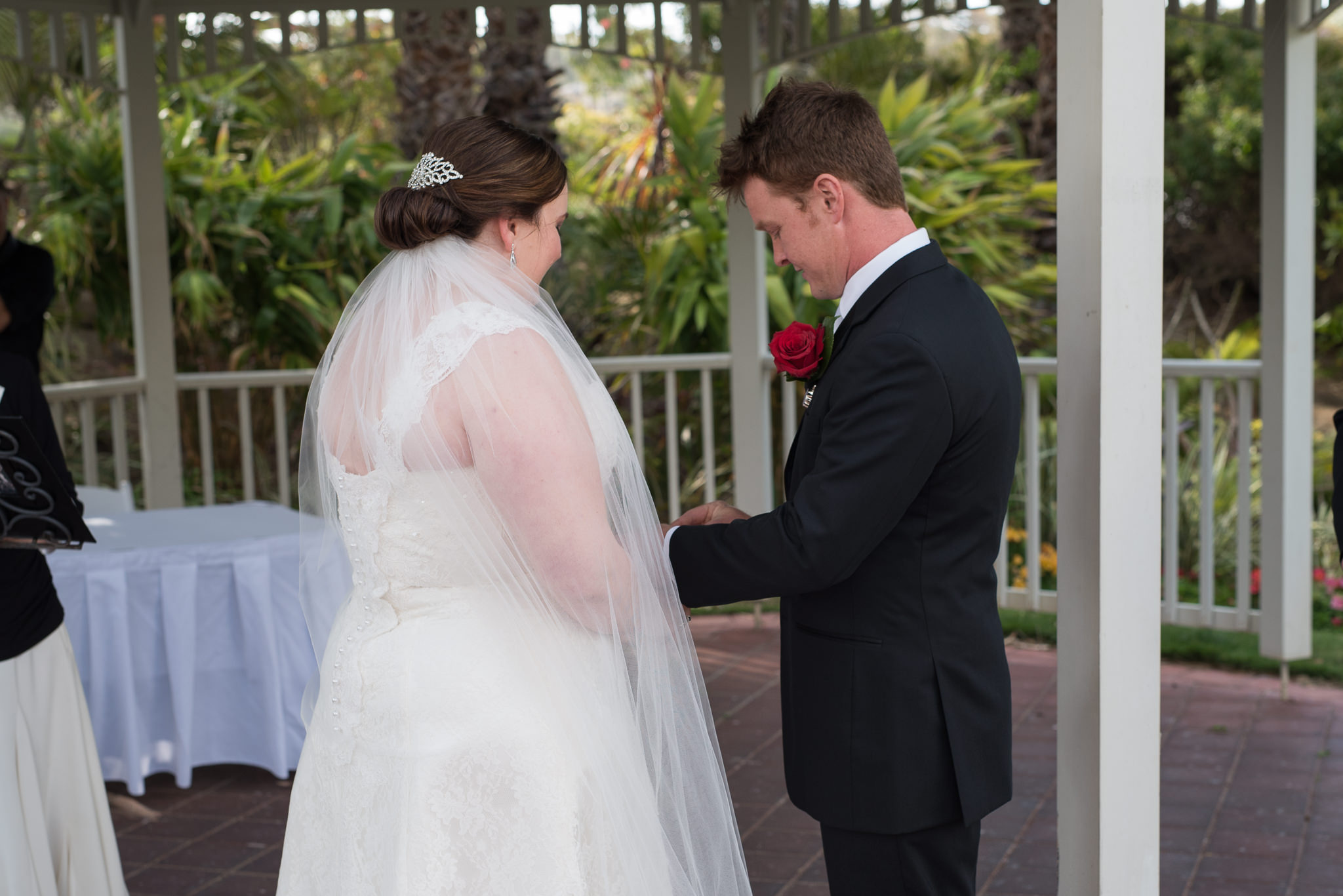 groom places ring on his bride's finger