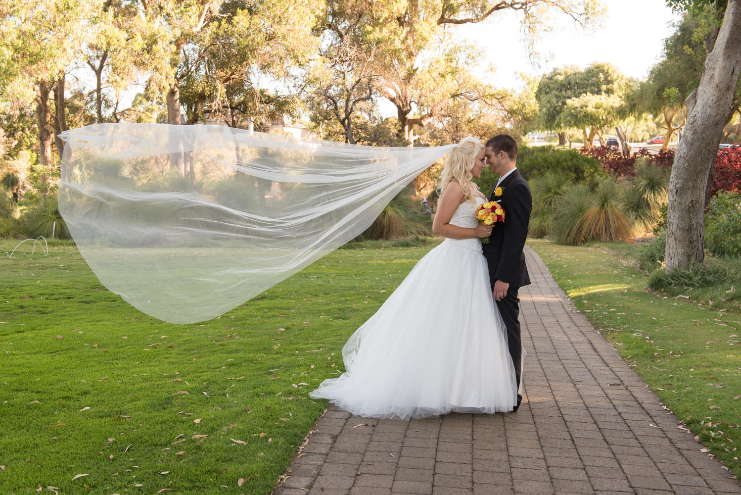 Bride and groom with veil in the air