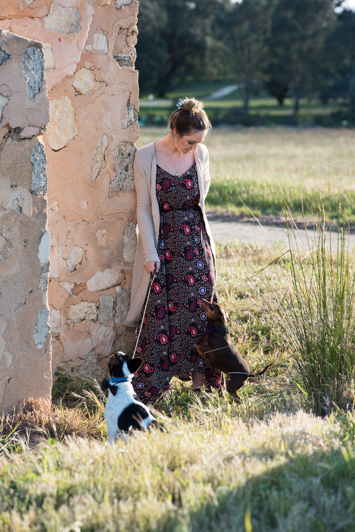 Engaged girl looking down at her dogs at Yellagonga park