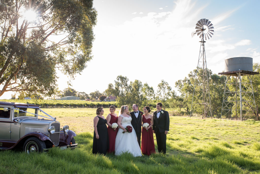 bridal party with the windmill and wedding car at Mulberry Estate