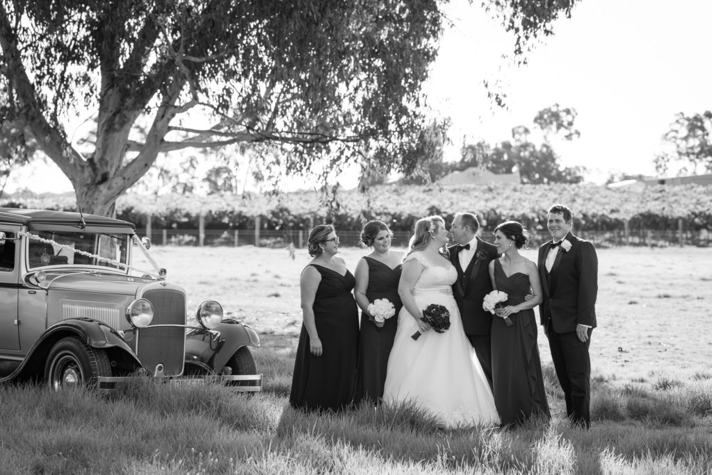 bridal party with their wedding car in the long grass and vines at Mulberry Estate