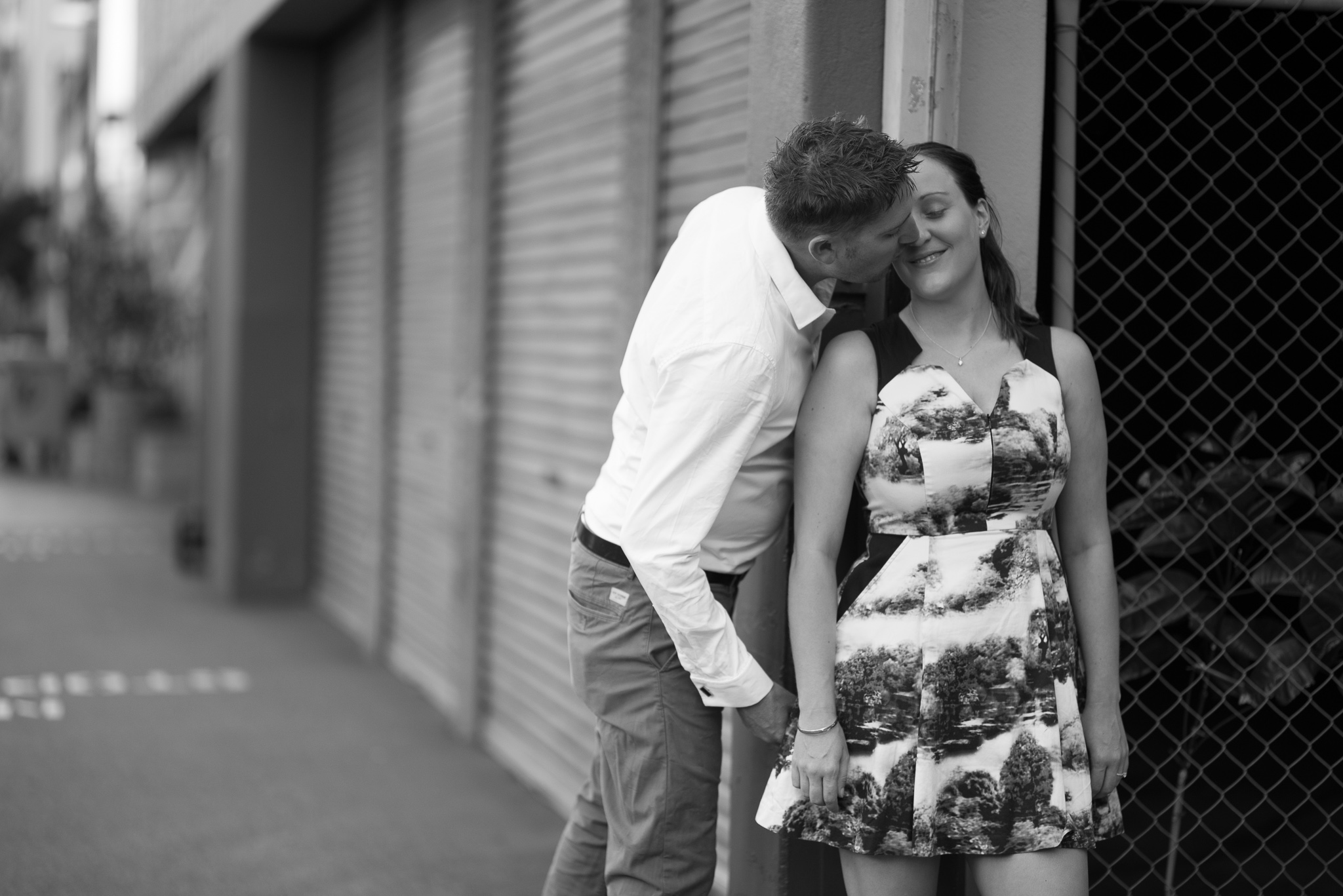 Wolf Lane industrial style engagement shoot picture in black and white