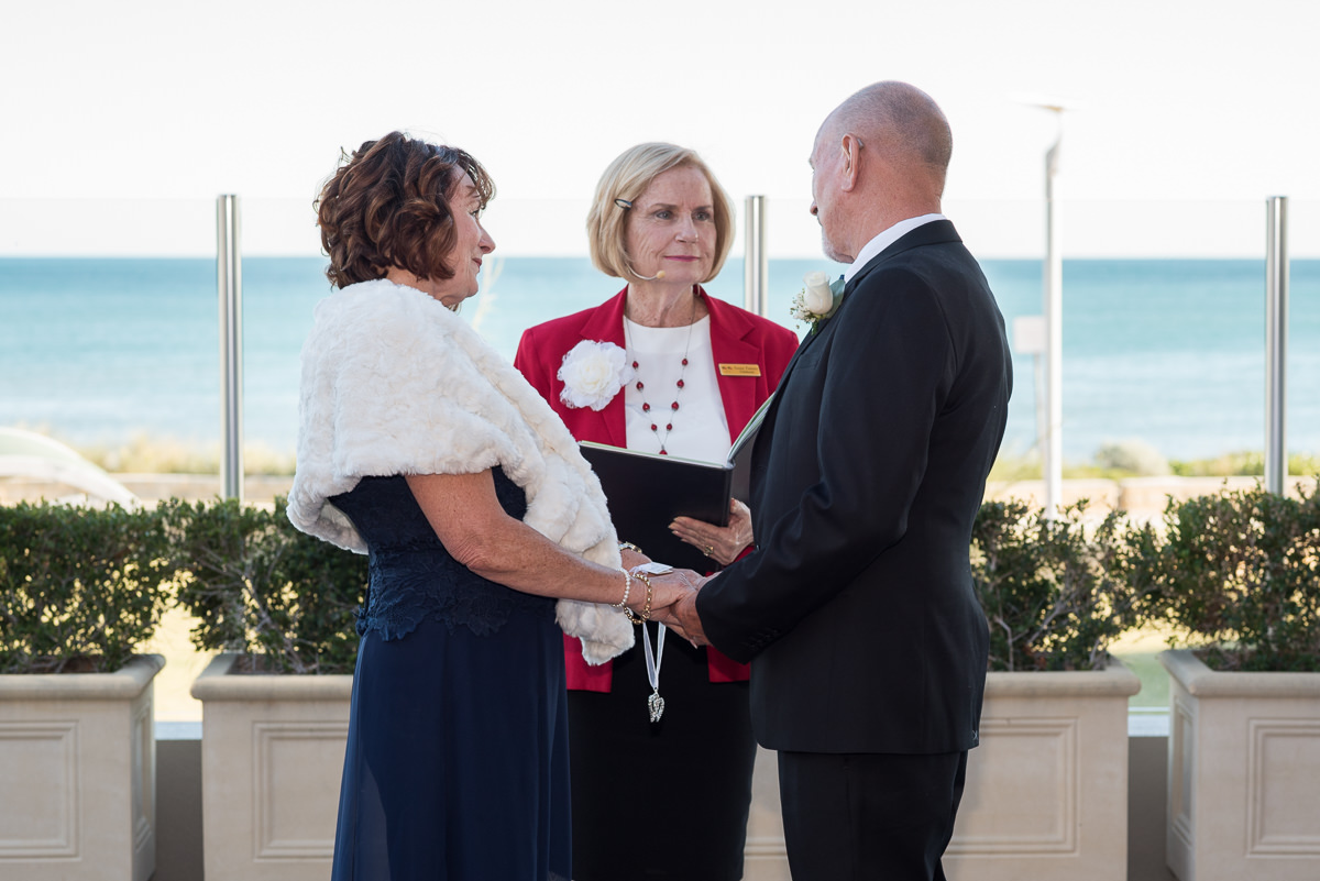 Wedding ceremony shot at Portofinos with ocean behind