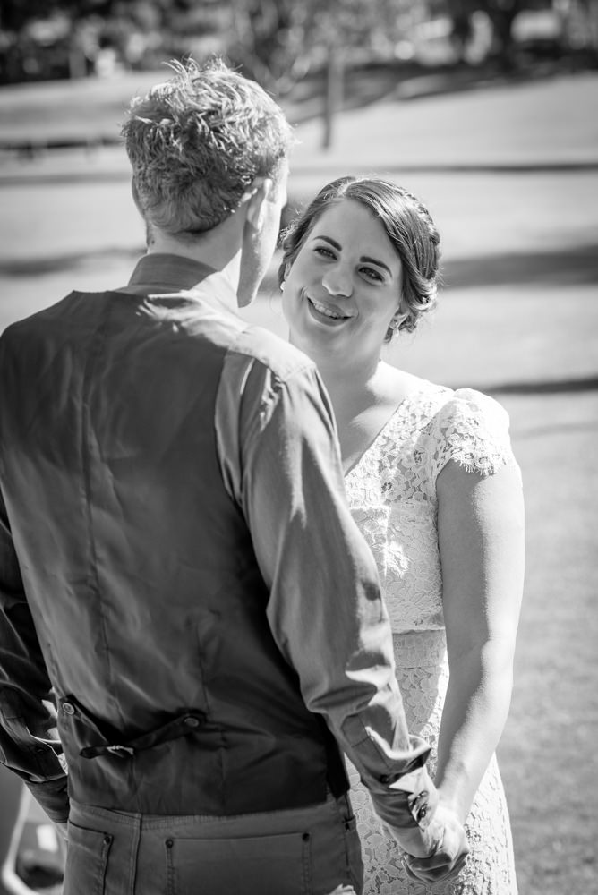 Bride looking into groom's eyes