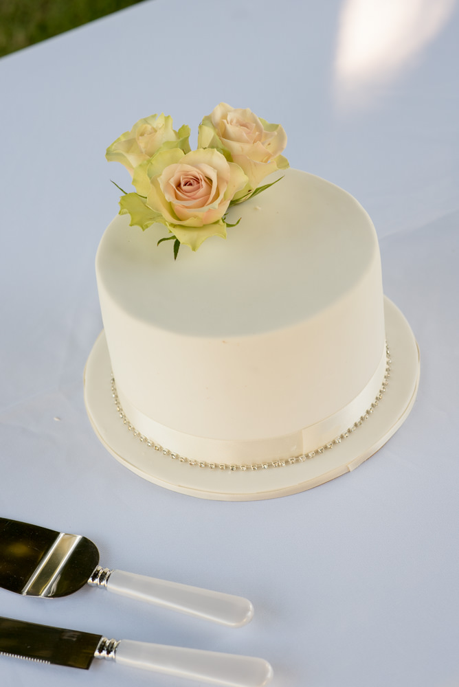 Simple wedding cake with fresh roses on top