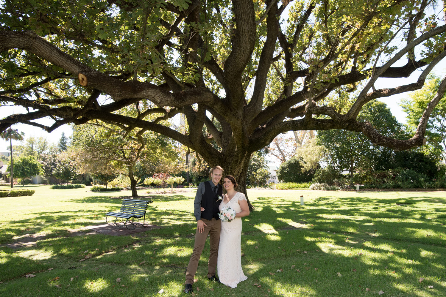 Bride and groom under old fig tree at Queens gardens