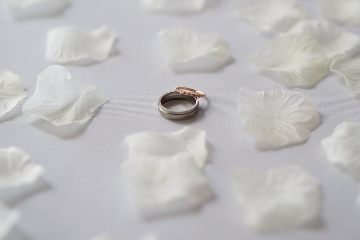 Close up of wedding rings surrounded by rose petals