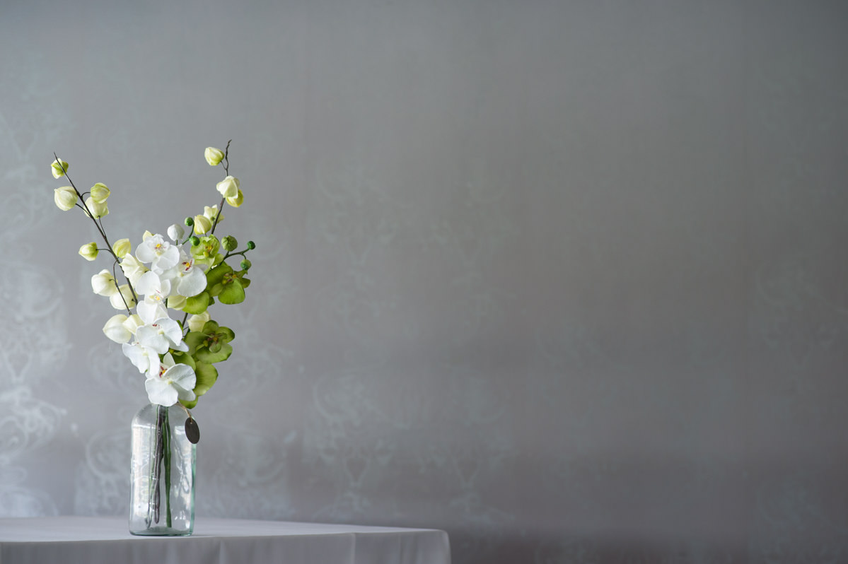 White and green orchids in a vase