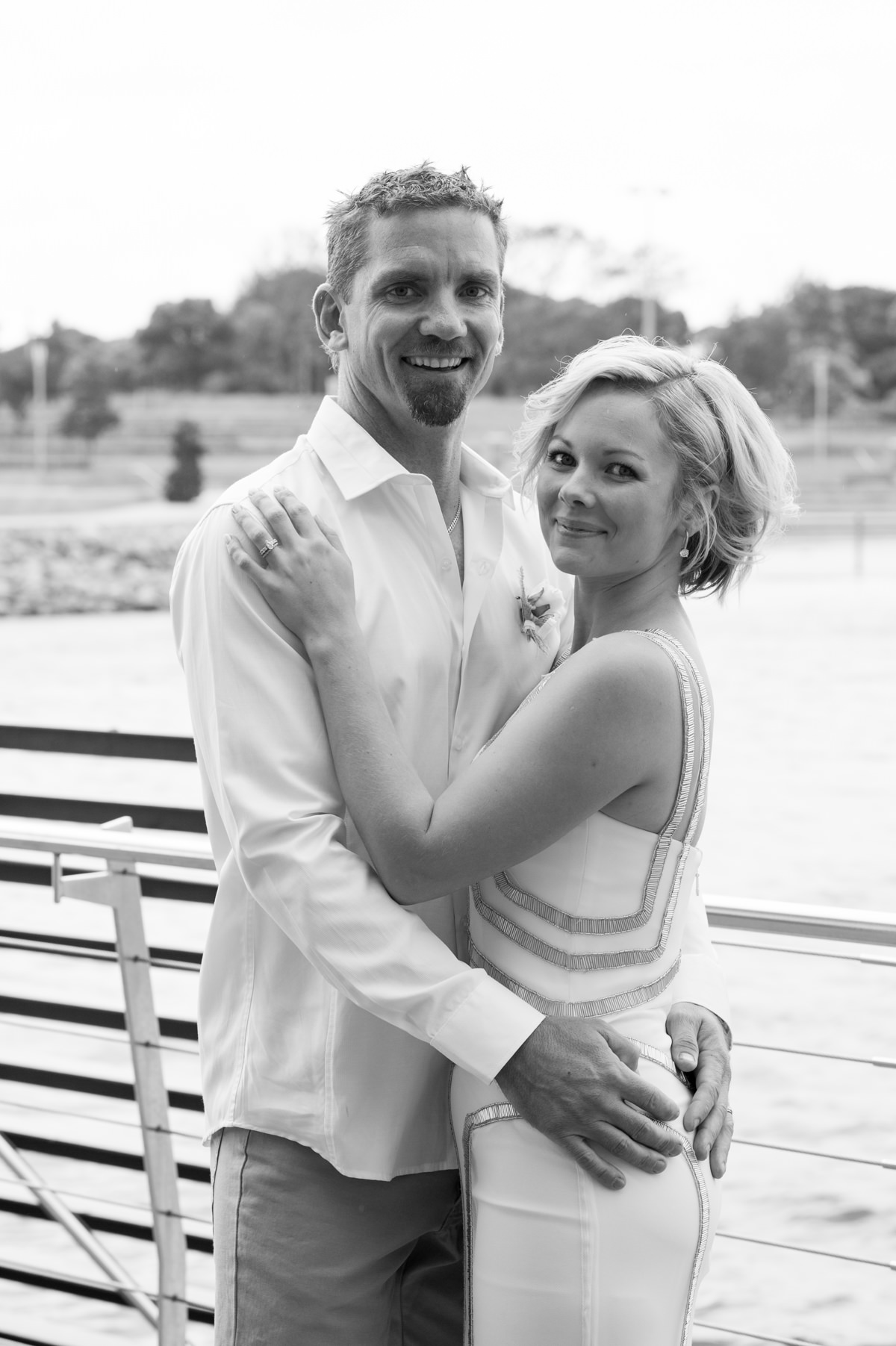 Black and white portrait of bride and groom