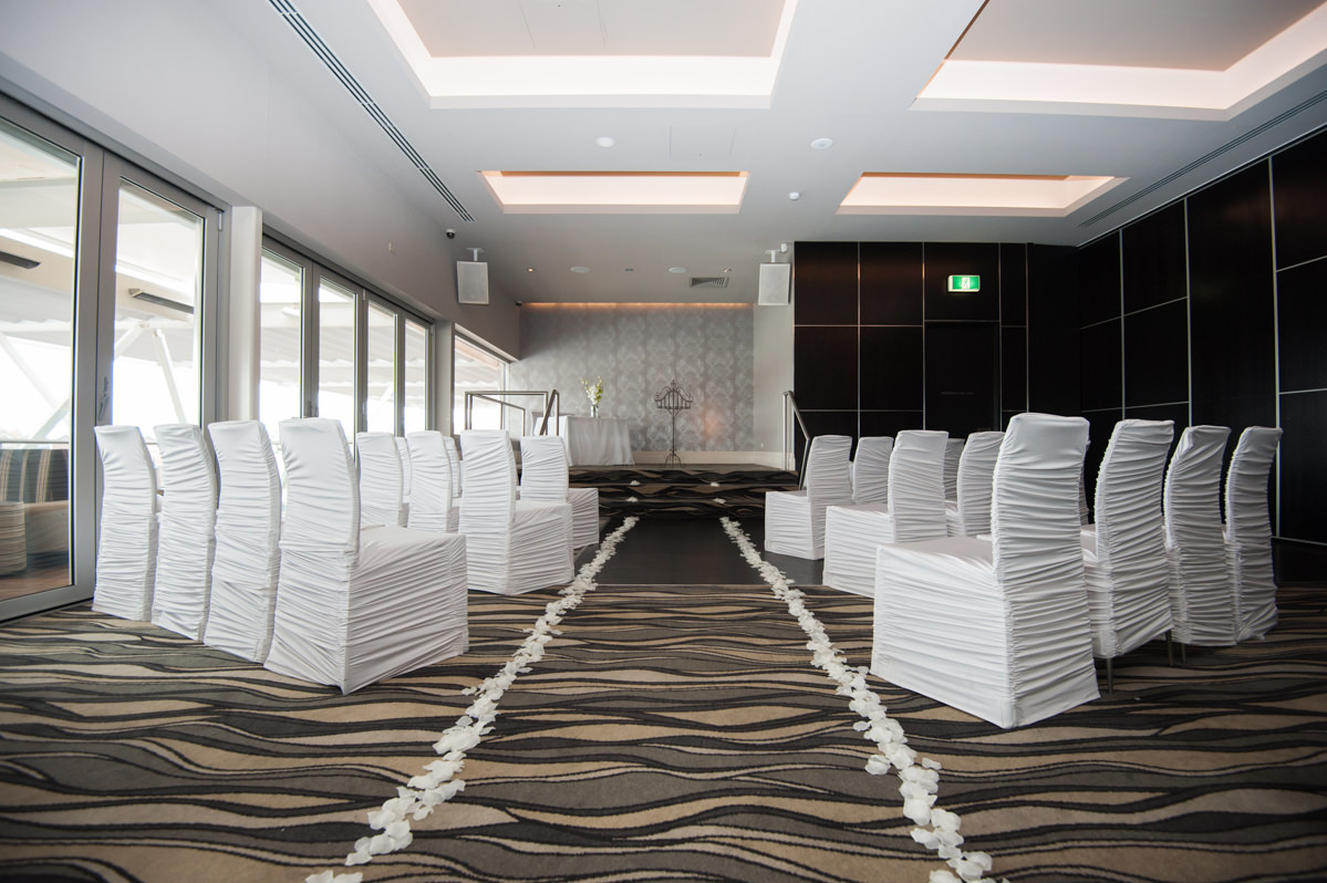 Wedding setup at The Breakwater, rose petal aisle