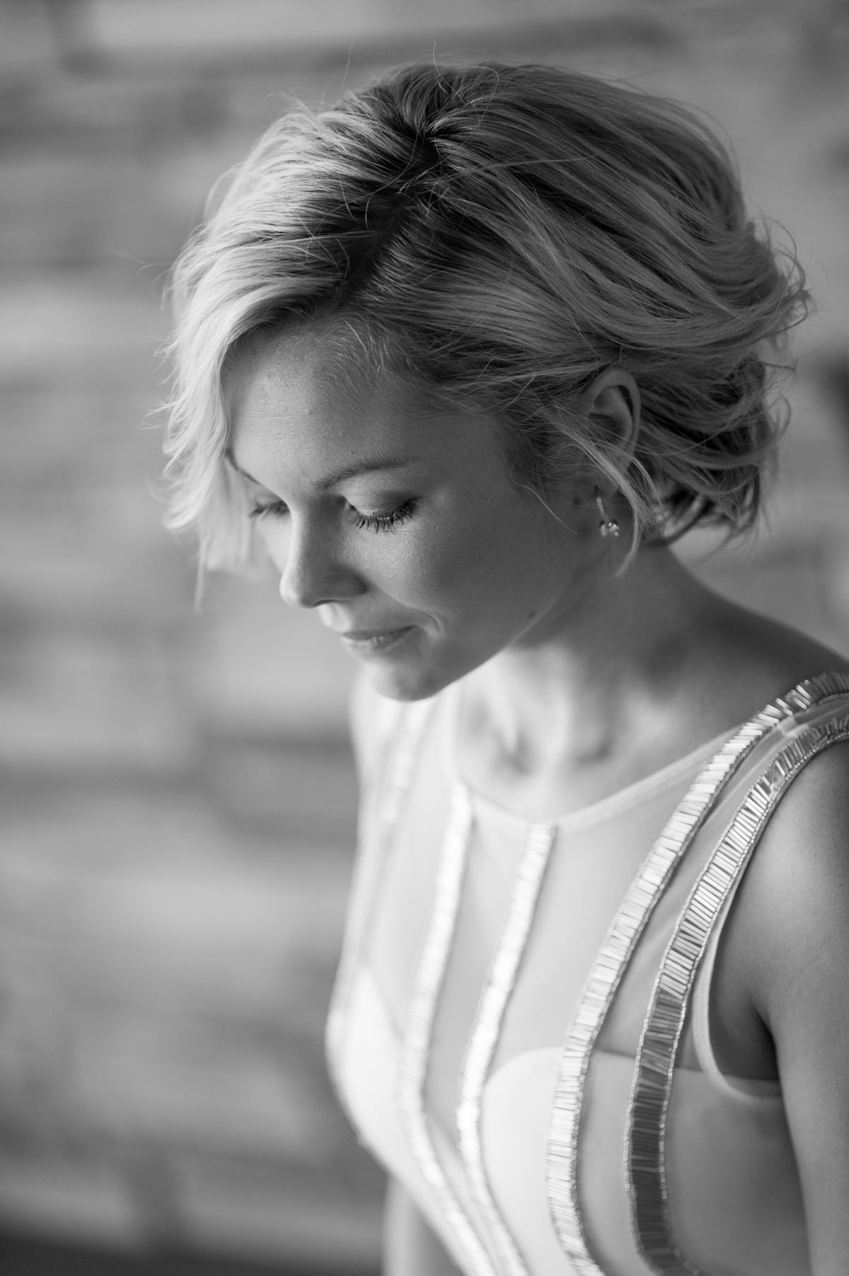 Black and white Bride's portrait looking down